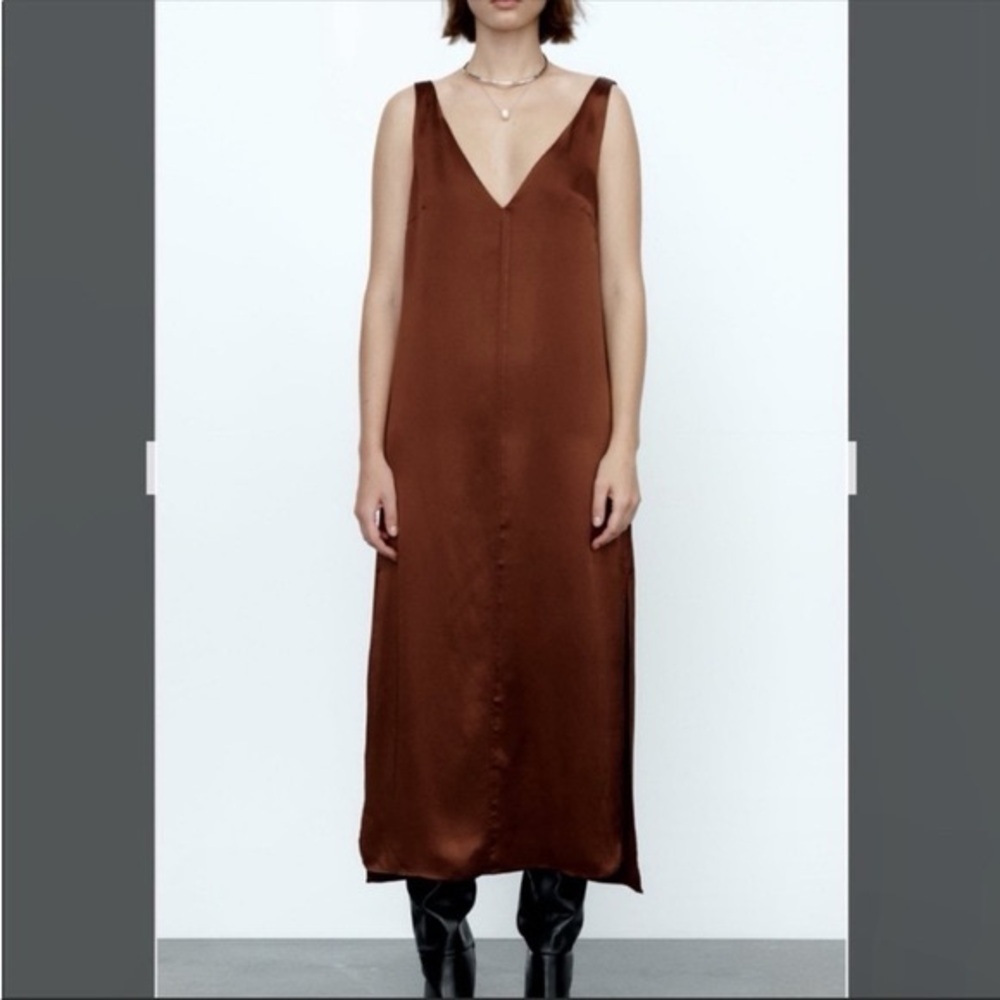 Zara Chocolate/Brown Satin Effect Midi Dress size Small
